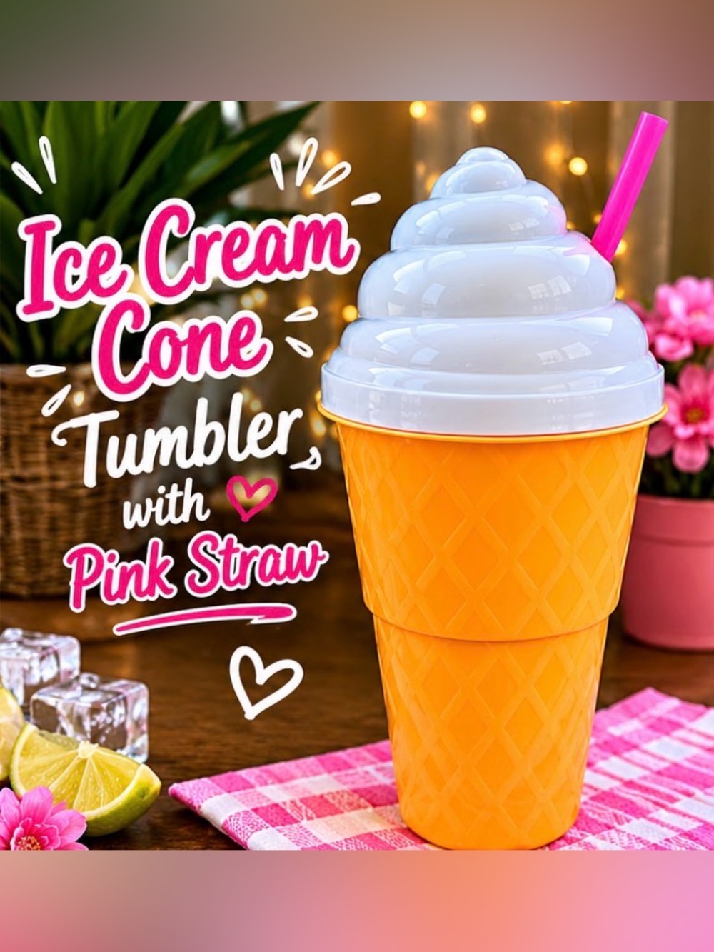 Ice Cream Cone Tumbler with Pink Straw NWT